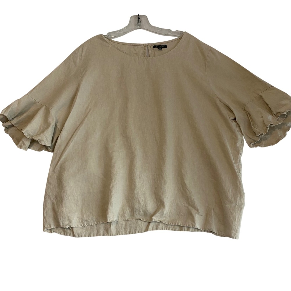 For Cynthia Linen Blouse Top Sz 1X Beige Flounce Sleeve 100% Linen Lagenlook